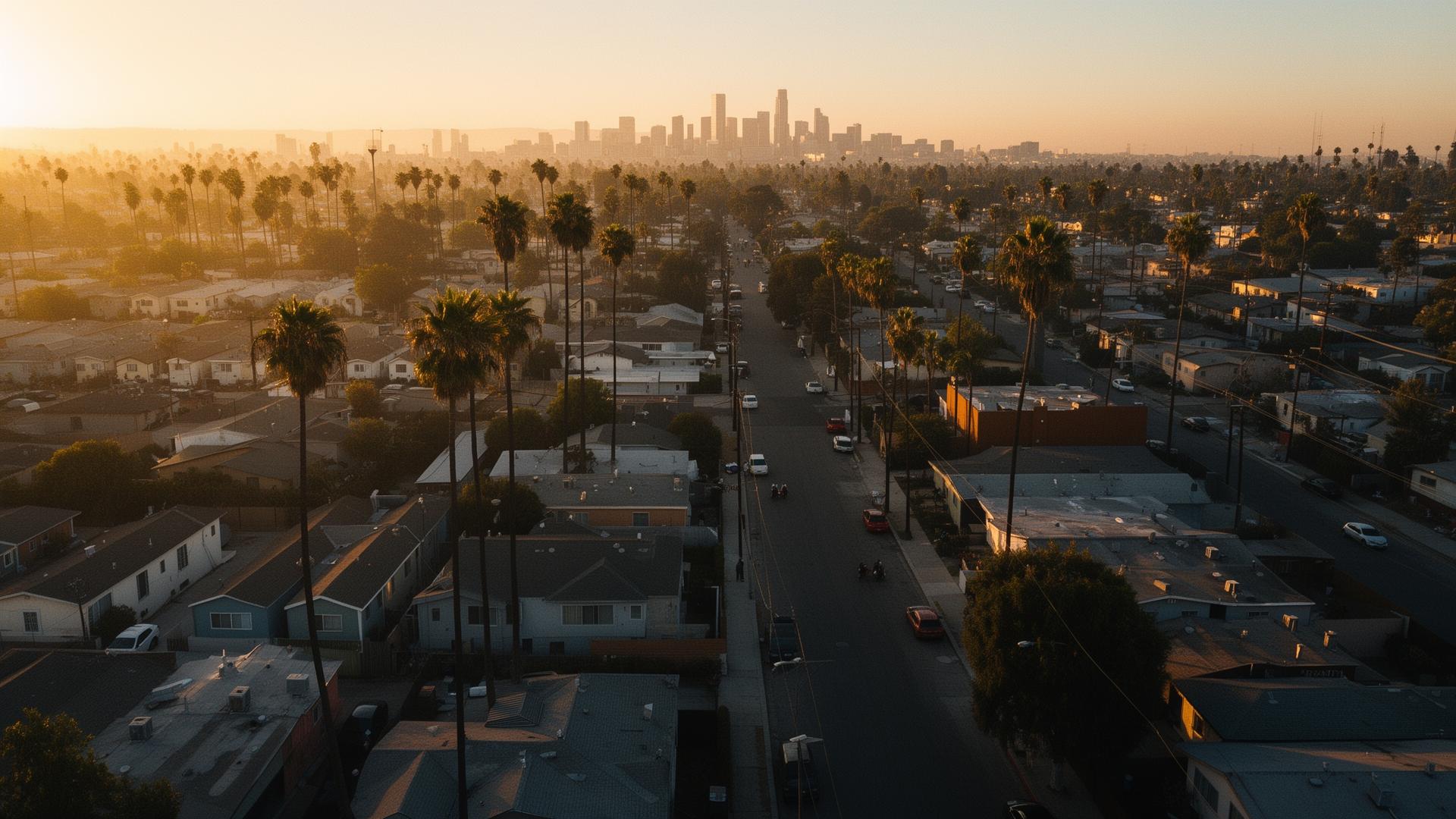 Aerial view of South Los Angeles at golden hour